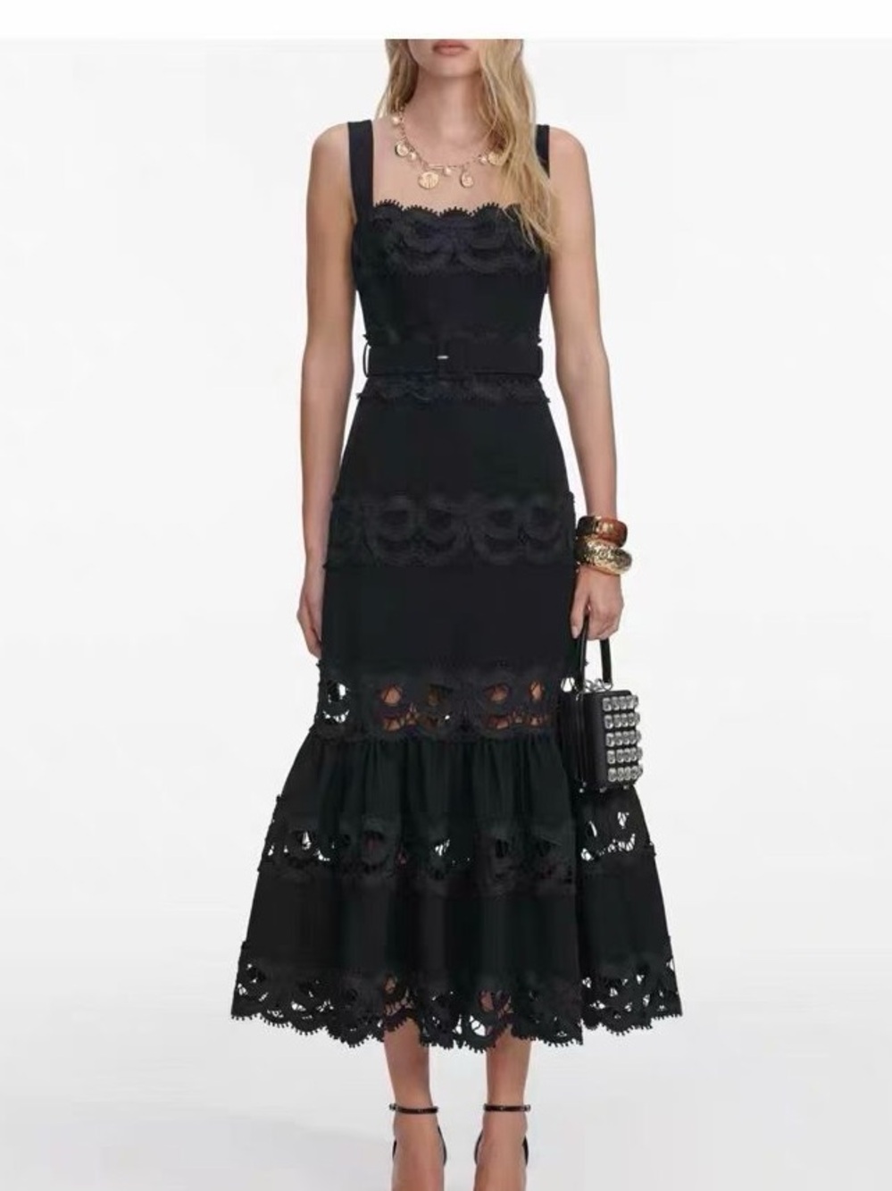 NWOT Self-Portrait Black Lace Trim Square-Neck Midi Dress, Size US 2/4/6/8